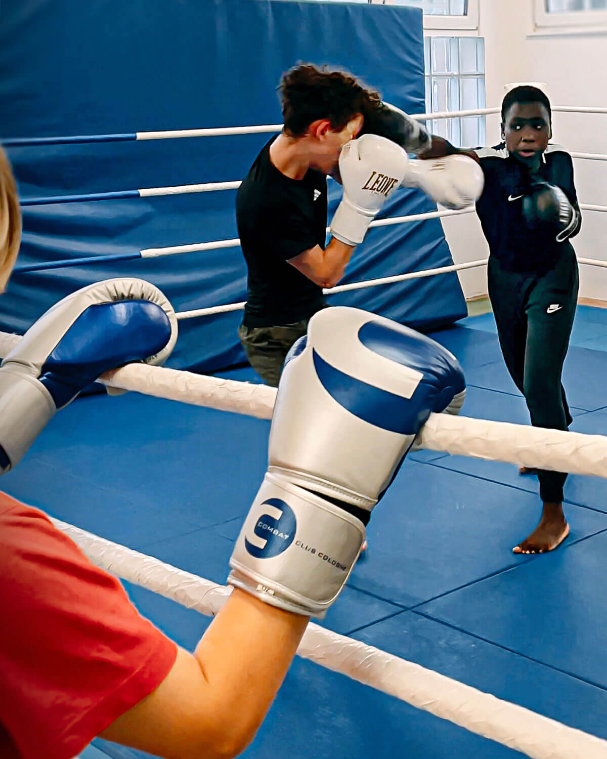 Boxen-Kinder-Koeln ✌ Combat Club Youngster Mehrere Jugendliche machen eine Sandsack-Übung im Youngster Boxtraining von Combat Club Cologne